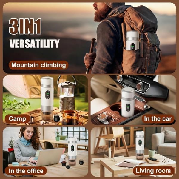 Portable Coffee Maker KF-JN-03 with Digital Display & 20 BAR Pressure – Hot & Cold Brew, Compatible with Coffee Grounds and Capsules, Compact Single-Serve Design with Transparent Cup & 60ml Tank