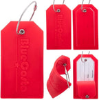 BlueCosto - Luggage Tags - Large, Red, 5 PK - PVC Suitcase Tags w/Privacy Cover & Stainless Steel Wire Loops - Personalized Baggage Identifiers for Travel - Backpack Name Labels