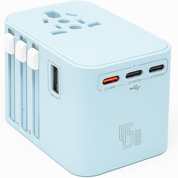 45W Universal Travel Adapter – Compact Plug with 3 USB-C & 2 USB-A Ports for EU/UK/US/AU, International Power Adapter Worldwide Charger, CE/FCC/RoHS Certified (Blue)