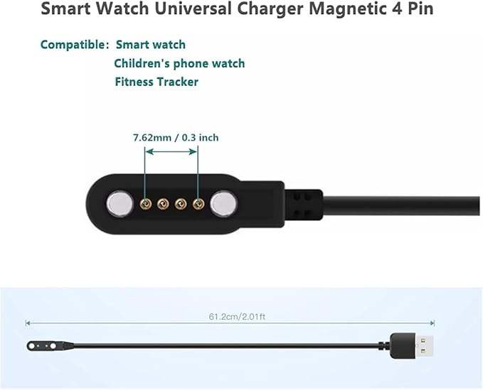 Smart Watch Charger Cable, Universal Magnetic SmartWatch Accessories Charger Cable 4 Pin Cord, Charger Contact pin spacing 7.62 mm for Smart Watch, Fitness Tracker (1)