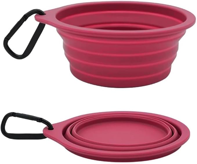Collapsible Travel Pet Bowl with Carabiner for Dogs and Cats, Portable Silicone Pet Bowl for Waking, Hiking and Traveling (Red)