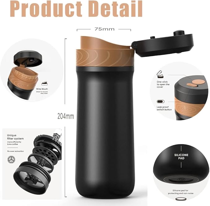 Sesama Classic Portable French Press Coffee Mug 12 oz with Carry Loop, Stainless Steel French Press Coffee Maker, BPA Great for Camping and Travel