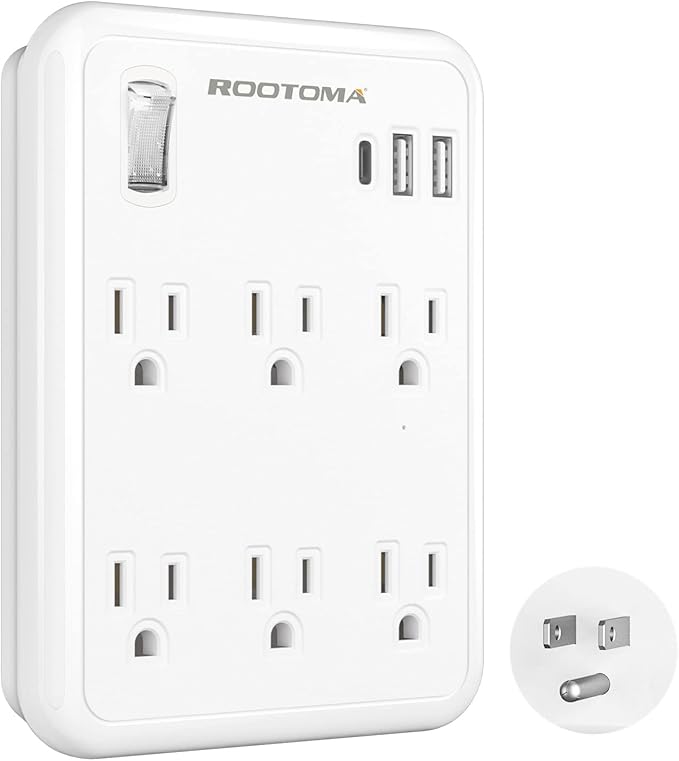 USB Wall Outlet Extender with On Off Switch, Surge Protector Outlet,6 AC Multi-Plug with 3 USB Ports (1 USB C), 490 Joules, Flat Socket Splitter with Spaced Outlet for Home, Office, College
