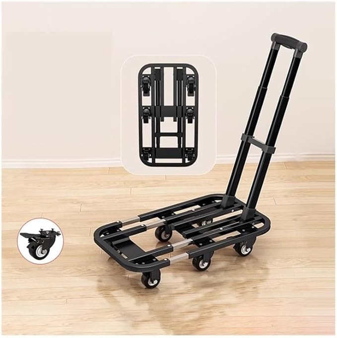 Flat Bed carts with Wheels Foldable Cargo Trolley Folding Transporter Household Flatbed Trolley Portable Luggage Express Trolley Small Trailer Trolley Heavy - Duty trolleyflatbed Truck(Black