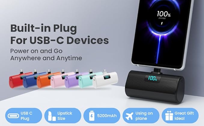[2-Pack]Portable Charger for iPhone 17/16/15 Series,Upgraded 5200mAh PD USB C Power Bank Built-in USB-C Connector, Battery Pack Compatible with iPhone 17/17 Pro/17 Pro Max/16/15 Series,Samsung,Android