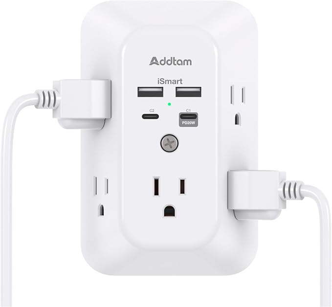 Addtam USB Wall Charger Surge Protector, 5 Outlet Extender with 4 USB Charging Ports 3 Sided 1800J Power Strip Multi Plug Outlets, Wall Adapter Spaced for Home Office, PD 20W
