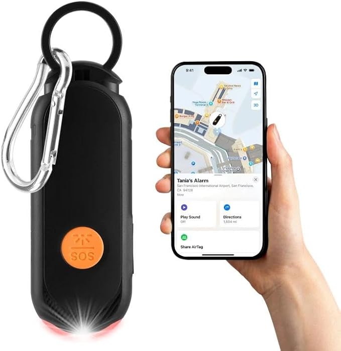 Personal Safety Alarm for Women – 135dB Loud Siren & Strobe Light, Anti-Loss Locking Pin, Rechargeable USB-C, Keychain Design, Works with Apple Find My, for Women/Kids/Seniors – Black