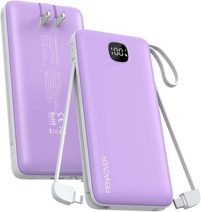 penaover Portable Charger with Built-in Cables&AC Wall Plug,5 Output 2 Input 20000mAh Power Bank,22.5W Fast Charging Battery Pack with LED Display,Compatible with iPhones,Android, Samsung etc,Purple