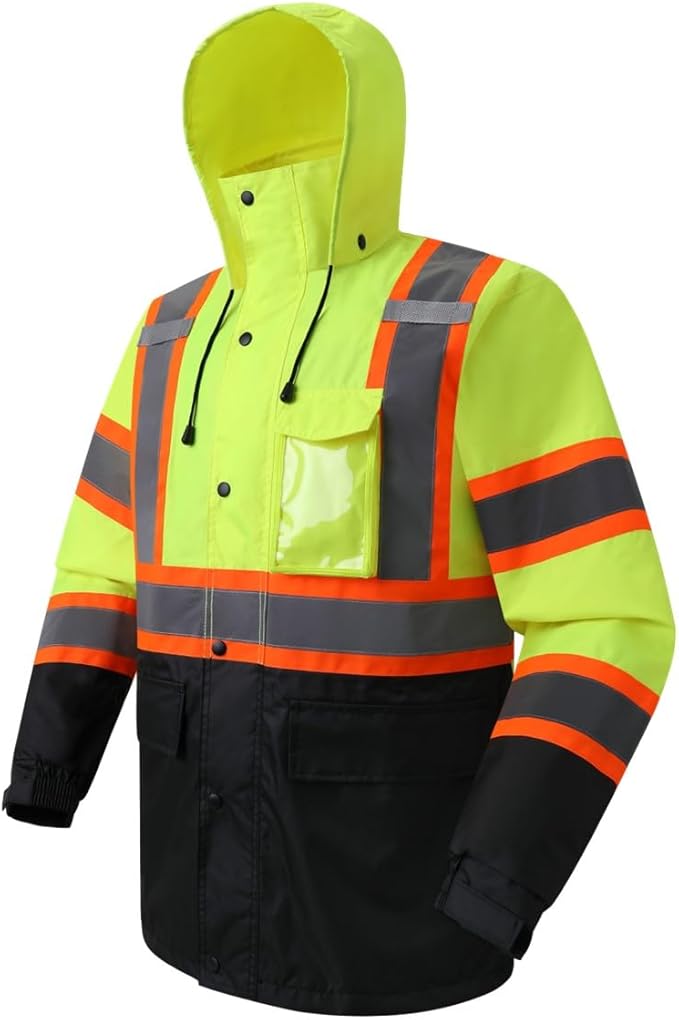 JKSafety Hi-Vis Reflective Safety Rain Jacket for Men Women Waterproof Rain Gears for Farming Fishing Work HV Rain Jacket with Inner Mesh Lining and Pockets (117A-YBlk XXL)