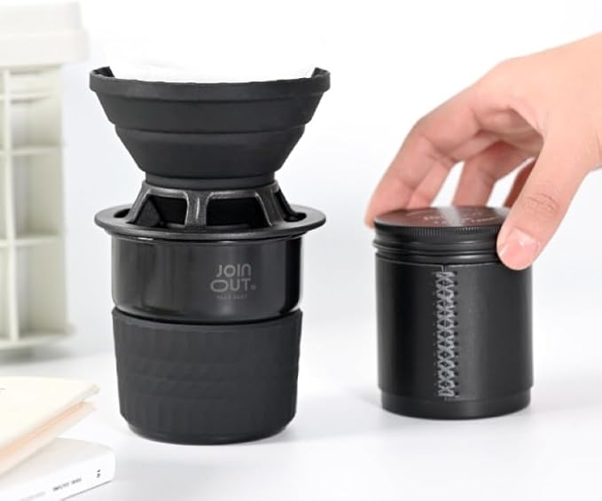 Portable Pour Over Coffee Maker Set with Carrying Case, Collapsible Silicone Dripper, 304 Stainless Steel Filter Cup, V60 Compatible, Black, Outdoor Camping Travel Kit (Black with Cone Filter)