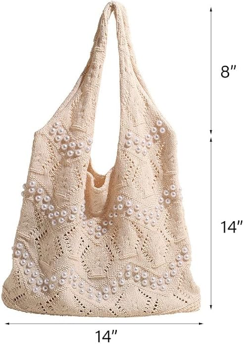 Boho Crochet Beach Tote Shoulder Bag with Colored Beads | Colorful Aesthetic Hippie Knit Bag for Women