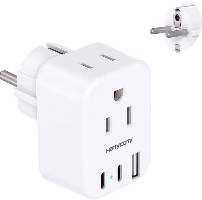 HANYCONY Type E F Plug Adapter, Germany France Travel Plug Adapter with 2 Outlets 3 USB Ports(2 USB C)，Schuko Plug Power Adaptor for US to Europe EU Spain Iceland Korea Greece German French