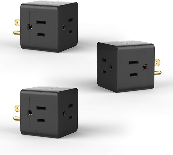 POWERCORDS 3 Power Blocks Outlet Splitter, 3 Pack, Grounded Wall Tap, 3-Prong Plug Adapter AC Multi Plug Wall Outlet, Power Splitter, Cruise Essentials, for Home Office School Dorm, UL Listed,Black