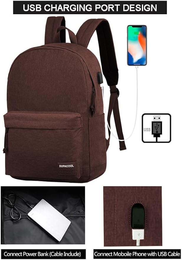 SUPACOOL Casual Laptop Backpack for Men and Women, Backpack with USB Charging Port(Coffee set)