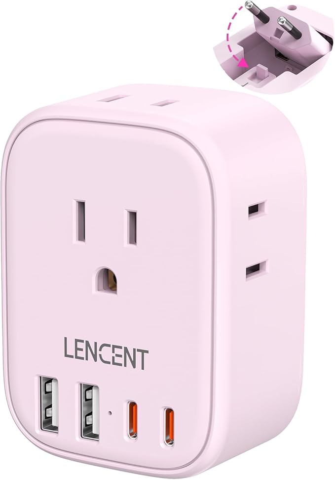 European Travel Plug Adapter, LENCENT US to Europe Type-C Foldable Power Plug with 4 Outlets 4 USB Ports (2 USB C), Power Adaptor for USA to EU Euro Iceland Spain Italy France Germany Greece, Pink