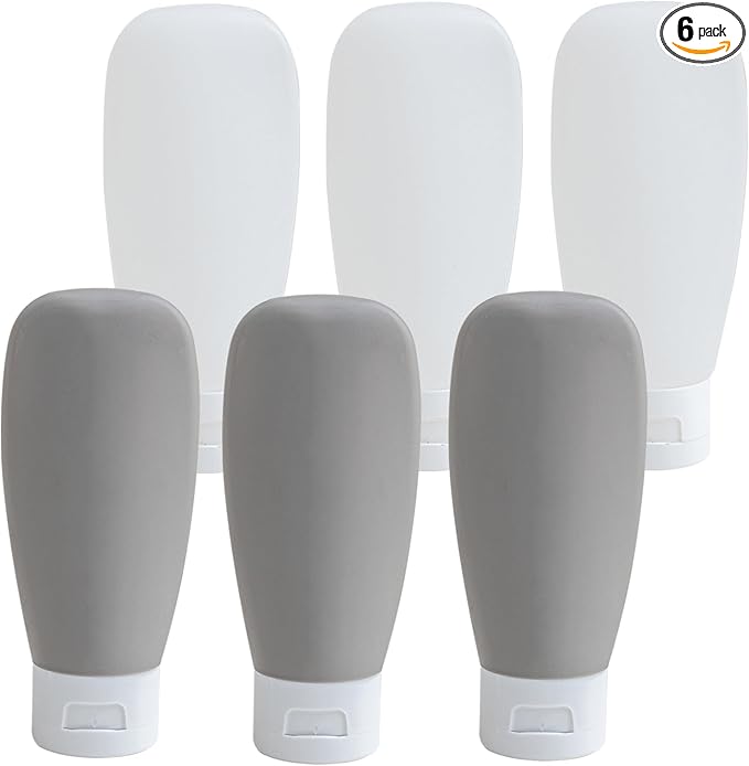 Travel Bottles for Toiletries 6 Pack, Leakproof 2 oz Tsa Approved Travel Size Containers, BPA Free Plastic Shampoo and Conditioner Bottles, Camping Travel Essentials (Black & White)