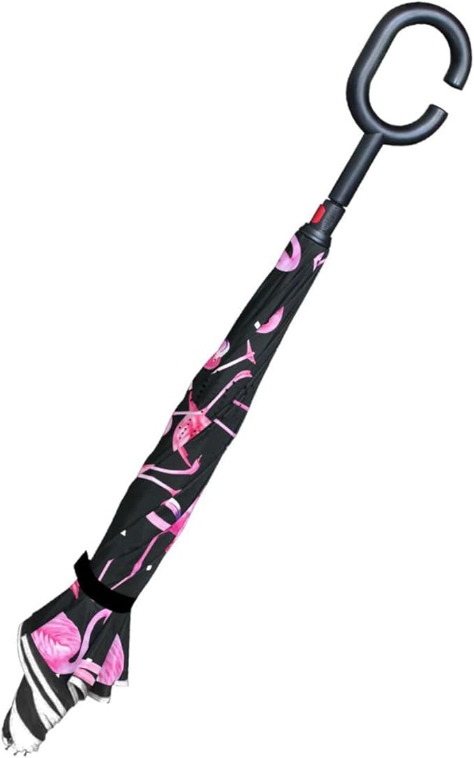 Nander Windproof, Reverse Umbrella, Umbrellas for Women with UV Protection, Upside Down Umbrella with C-Shaped Handle- Pink Cartoon Flamingo