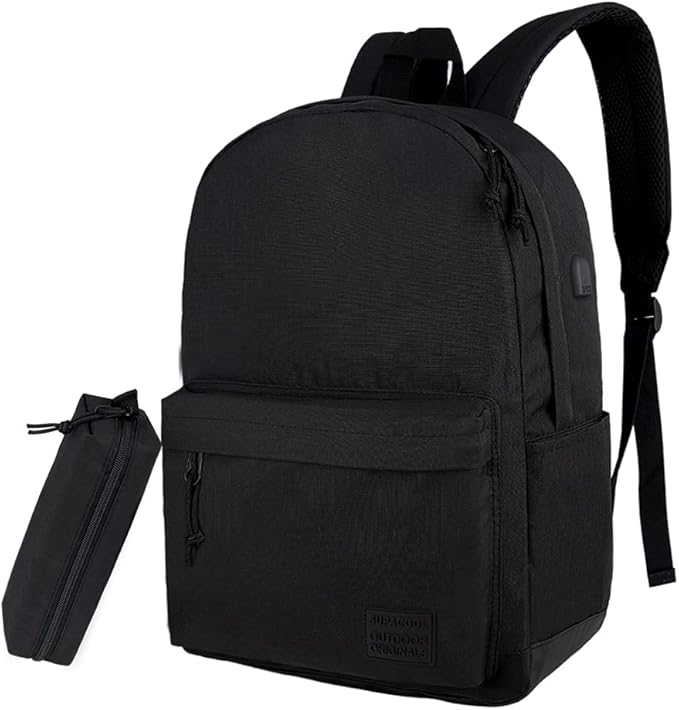 SUPACOOL Lightweight School Backpack with Pencil Pouch, Backpack for School Boys and Girls(Black backpack set)