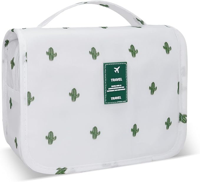 Lcsmaokin Large Capacity Toiletry Bag Travel Bag with Hanging Hook for Men and Women Waterproof Travel Cosmetic Bag Bathroom Storage Bag for Brushes Set, Full-Sized Shampoo,Accessories(White Cactus)