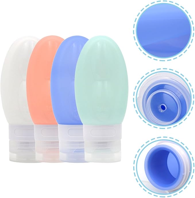4pcs 90ml Silicone Refillable Travel Bottles for Toiletries, Leak Proof Shampoo Container Set with Peach Pink, White, Light Green, Sky Blue for Portable Personal Care