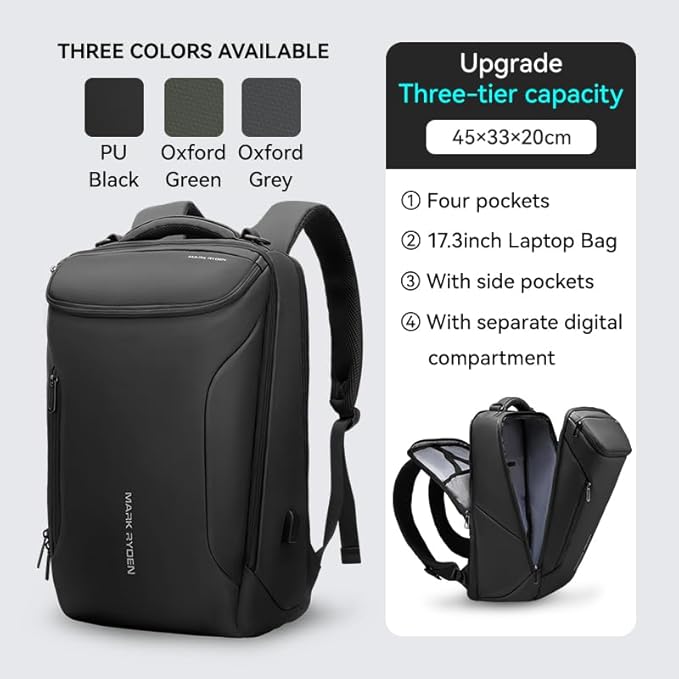 MARK RYDEN Business Backpack for Men, 17.3 Inch Tech Waterproof Laptop Backpack with USB Charging Port, Professional Work Backpack for Travel, Office, College, Commuting, Hiking