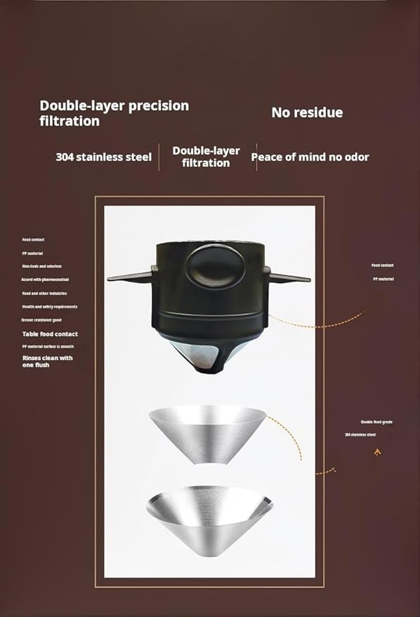 Portable Pour Over Coffee Dripper with Double Layer Stainless Steel Filter, Foldable Reusable Coffee Maker, No Paper Needed, Travel Coffee Filter for Mug, Office & Camping (Brown)