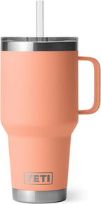 YETI Rambler 35 oz Tumbler with Handle and Straw Lid, Travel Mug Water Tumbler, Vacuum Insulated Cup with Handle, Stainless Steel, Lowcountry Peach