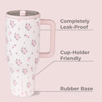 HydroJug Traveler - 32 oz Water Bottle with Handle & Flip Straw - Fits in Cup Holder, Leak Resistant Tumbler-Reusable Insulated Stainless Steel & Rubber Base - Gifts for Women & Men, Wildrose