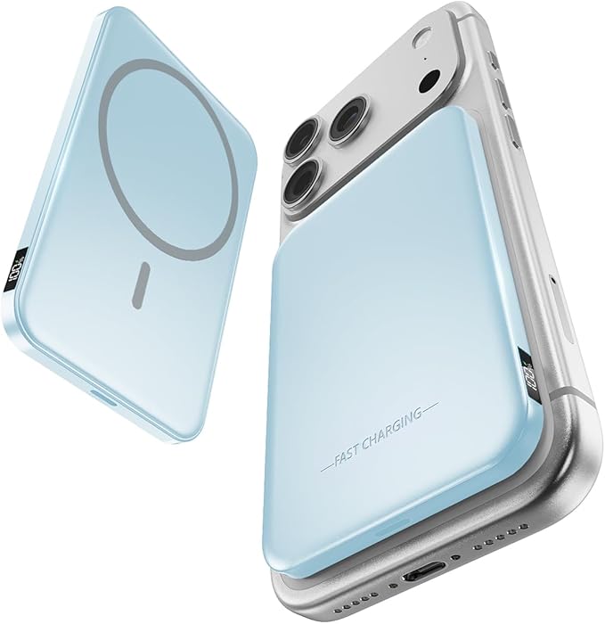Aobbow Magnetic Portable Charger, 5000mAh Ultra Slim Power Bank with LED Display, 15W Fast Charging Battery Pack, MagSafe-Compatible Charger for iPhone 17/16/15 and AirPods - Mist Blue