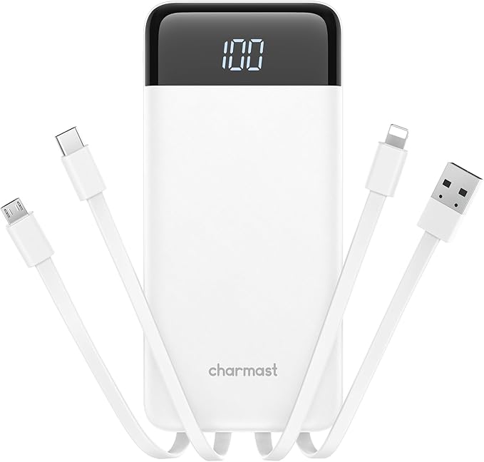 charmast 10000mAh Portable Charger with Built-in Cables, 6 Outputs & 3 Inputs Power Bank, Compact Travel Essential Battery Pack for iPhone 16/15, Samsung S25/S24, Google Pixel, iPad, AirPods & More
