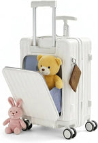 TABU 20" Carry on Luggage with Seat for Kids & Adults，Front-Opening Hardshell Carry On Suitcase with Double Handles & TSA Lock, White