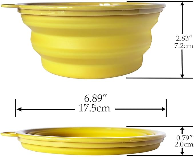 SiliconeSnap Travel Pet Bowl - Collapsible 6.8" Dog Food Dish with Easy Hook Hole, Sun Yellow Washable Feeder