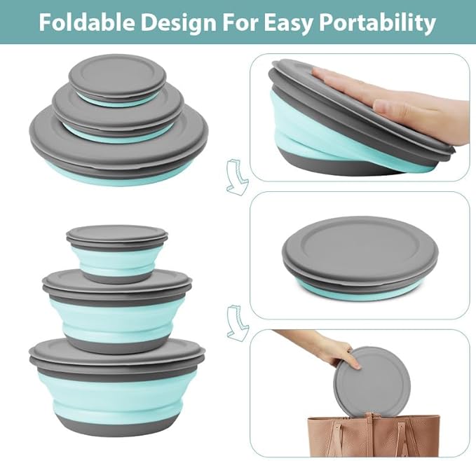 flintronic 3Pcs Collapsible Camping Bowl Sets, Portable Silicone Bowl with Lid, Folding Bowl, Portable Salad Bowl, Folding Lunch Box for Camping, Kitchen, Hiking