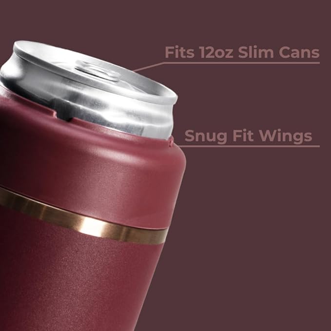 HydroJug Slim Can Cooler - 2-in-1 Insulated Can Cooler Cup - Stainless Steel Slim Can Holder with Non-Slip Rubber Base - Screw-Top Lid - Dishwasher Safe - 12oz, Merlot
