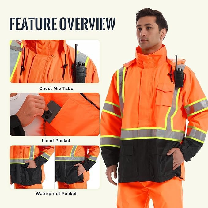 SKSAFETY Hi Vis Safety Rain Jacket for Men, Construction Work Rain Gear Heavy Duty Class 3 Rain Coat Waterproof Lightweight