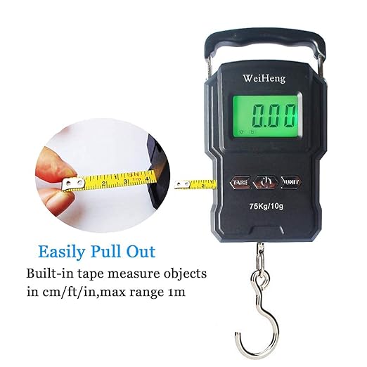Rechargeable Lugagge Scale Portable Electronic Hook Scale Digital Hanging Bag Luggage Weight Scale Fishing Scale with Measuring Tape 165Lb Black