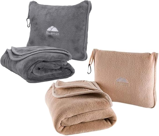 BlueHills Soft Long Travel Blankets 70X48 inches Large Plush Value Pack of 2 - Premium Airplane Travel Essential Flight Throw in a Bag Compact for Plane Travel Gift – Gray and Beige