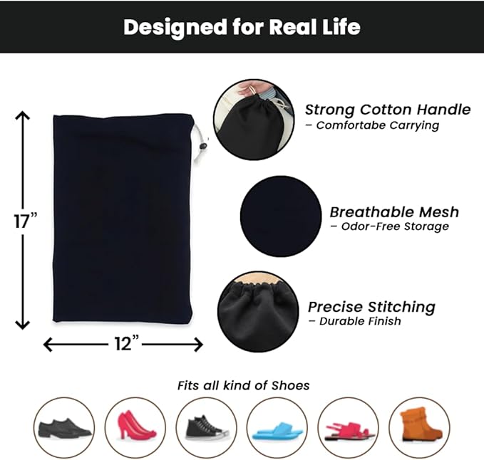 LFH Cotton Rich Shoe Storage Bags with Drawstring, Dustproof Breathable Reusable Organizer, Perfect For Travel, Dorm, Hotel, College, Gym, Machine Washable 12"x17" (Pack of 2) - Black sand