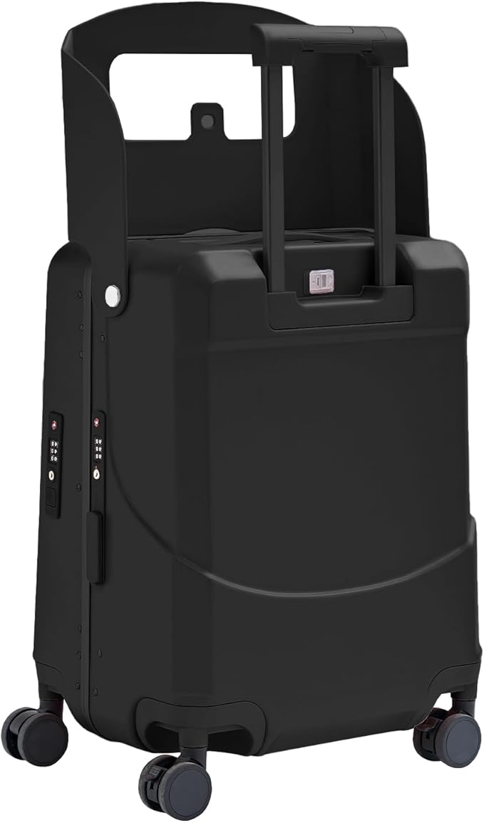 TABU 20" Ride on Luggage with Foldable Seat，Front-Opening Carry On Suitcase with Built-in USB & Type-C Port, TSA Lock and 360° Silent Spinner, for Kids & Adults, Black