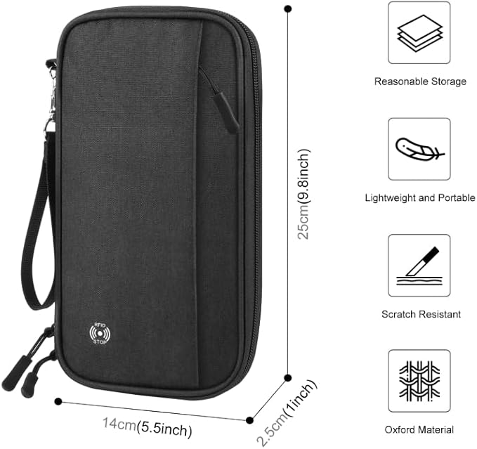 Passport Holder Family, RFID Blocking Travel Wallet Women Men, Travel Document Organizer Premium Wallets Passport Holders Bag, Lightweight Zipper Credit Cards Case Cover for Travel, (Black-Medium)