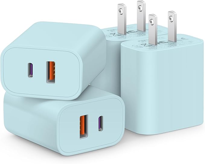 [4 Pack] USB C Charger Block Fast Charging Multiport Adpater [PD 20W USB-C & QC 3.0 USB-A Port] for i Phone 17/16/15/14/13/12/11/X/8, i Pad, Galaxy, Google, Galaxy & More [Blue]