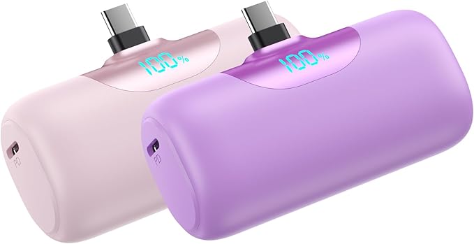 [2 Packs]Mini Portable Charger for iPhone 17/16,5500mAh LCD Display USB C Power Bank,Fast Phone Charging Travel Pocket Size Battery Pack for iPhone 17/17 Pro Max/Air/16/15 Series,Android(Pink+Purple)