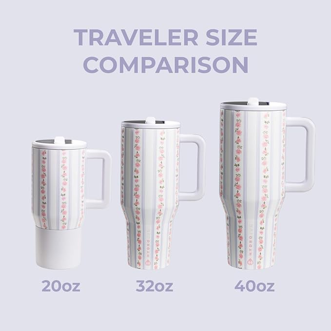 HydroJug Traveler - 32 oz Water Bottle with Handle & Flip Straw - Fits in Cup Holder, Leak Resistant Tumbler-Reusable Insulated Stainless Steel & Rubber Base - Gifts for Women & Men, Primrose