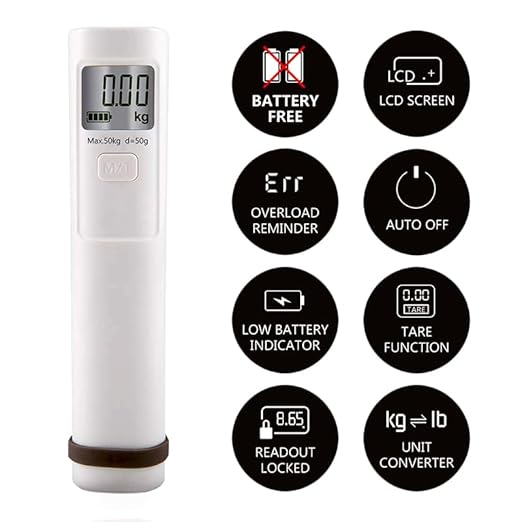 Battery-Free Luggage Scale – Portable Handheld Digital Weight Scale for Travel, No Batteries Needed, 110lb 50kg Capacity, Compact & Durable for Suitcases & Bags