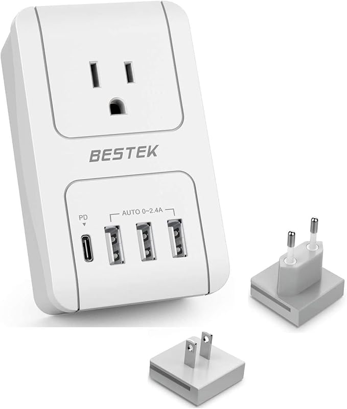 BESTEK International Travel Adapter, 3000W European Travel Plug Adapter for Hair Dryer Curling Iron, USB Travel Wall Charger with Worldwide Wall Plugs for US, EU(PD35W,1004, White)