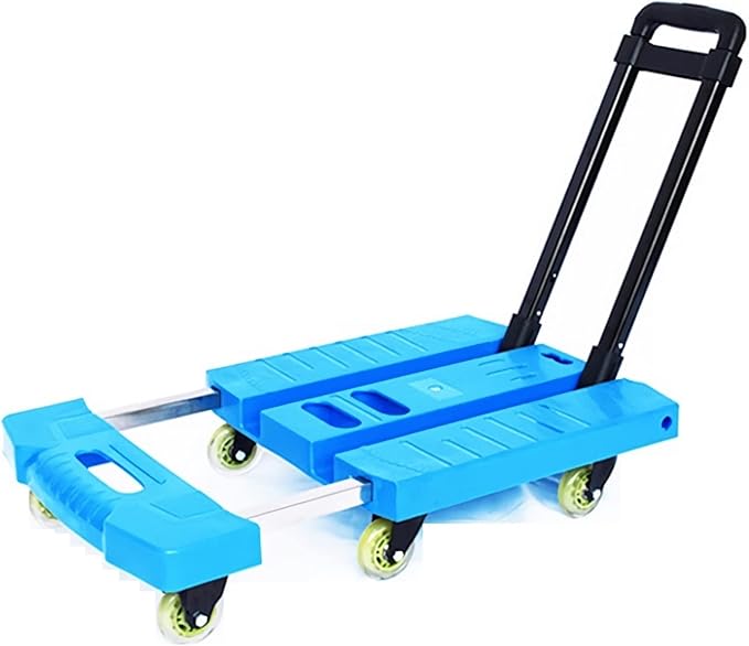 Heavy Duty Folding Hand Truck – 6-Wheel Flatbed Cart with Extendable Handle for Home Office Travel & Luggage – 330lbs Capacity Small Trolley (Color: Blue)