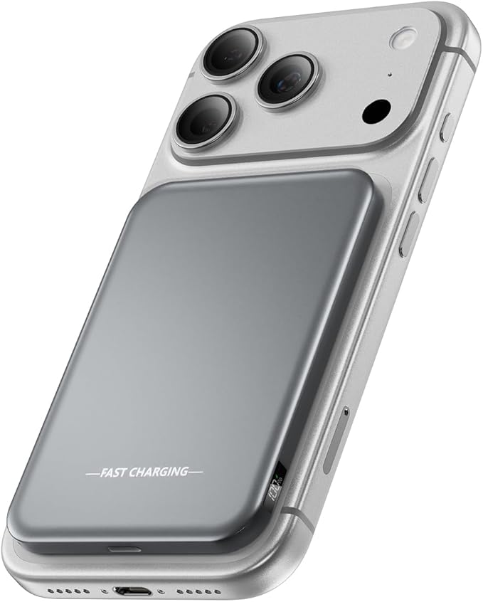 Aobbow Magnetic Portable Charger, 5000mAh Ultra Slim Power Bank, 15W Fast Charging for Magsafe Battery Pack, Travel Essential Wireless Charger Compatible with iPhone 17/16/15 Series - Space Gray