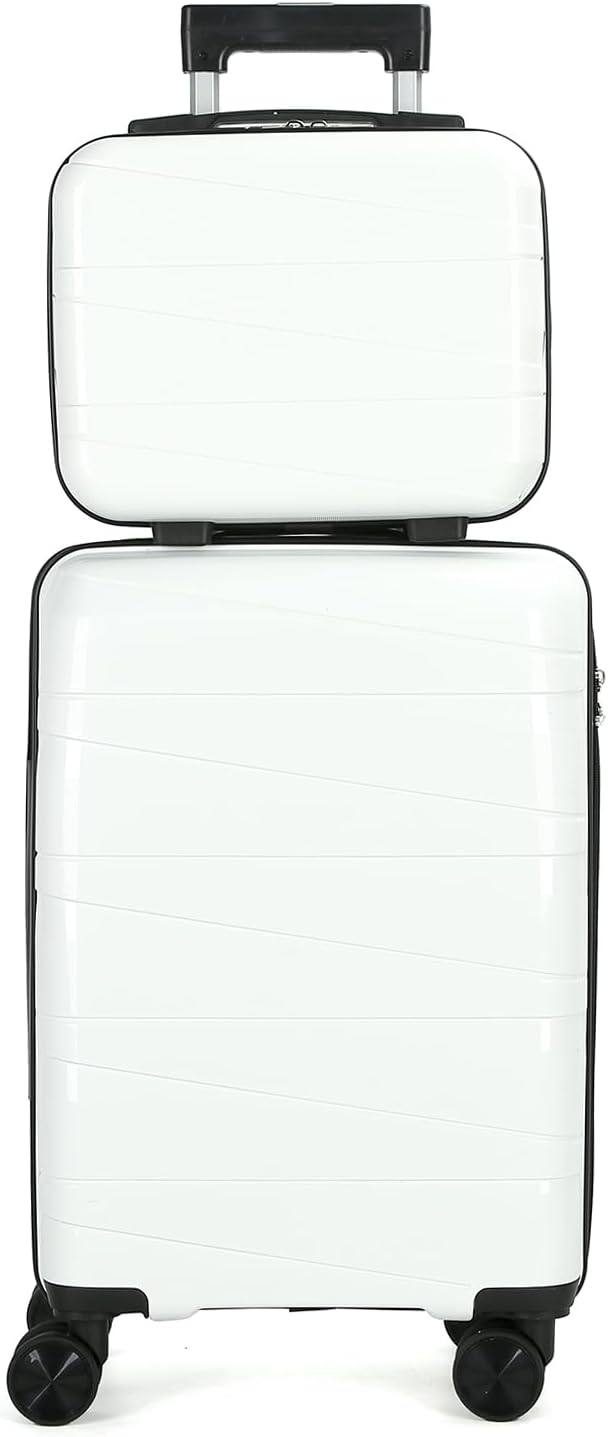 21" Hardside Carry On Luggage 22x14x9 Airline Approved with Spinner Wheels, Lightweight Suitcase Set with Phone Holder and USB Port, 2 Piece (Pearl White, 21" Carry On & 14" Cosmetic Case)