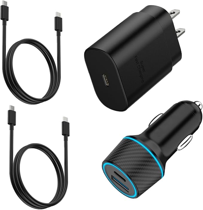 25W Super Fast Charger Type C Wall/Car Charger Combo Kit for Samsung Galaxy S26 S25 S24 S23 S22 S21 Ultra Plus A53 A52 A14 A25 A42 A32 Xcover 7 6 iPhone 17 16 15 Pro Max Pixel 10 9 8 Moto USB C Cable