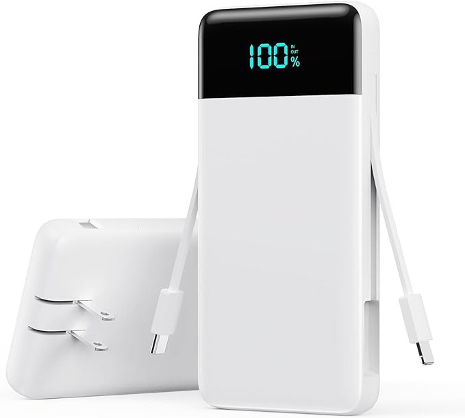 Portable Charger with Built-in AC Plug and Cables,13800mAh All in One USB C Fast Charging Power Bank,Travel Essentials Portable Phone Charger Battery Pack for iPhone 17/16/15/14,Galaxy,Android-White